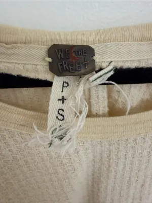 Free People - Cream Waffle Knit Long Sleeve Top with Taupe Trim Size Small thumbnail 3