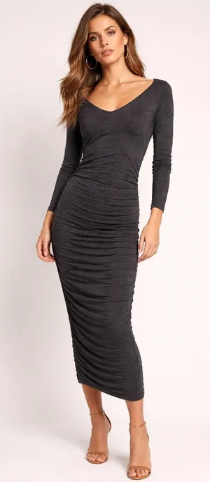 Norma Kamali Gray Ruched Long Sleeve Scoop Neck Raw hem Bodycon Midi‎ Dress XS thumbnail 1