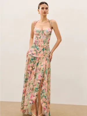 Commense Pink Floral Maxi Dress with Green Accents thumbnail 6