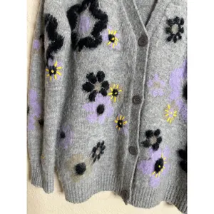 Miu Miu Flower Intarsia Cardigan in Grey Soft Fuzzy Mohair Womans 42/ US 6 thumbnail 6