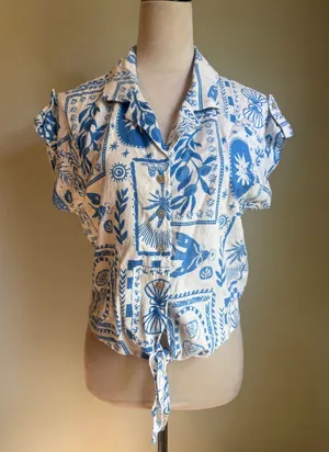 Calypso St Barth Blue White Linen Palm hamsa‎ tie Crop Top Shirt M boho beach thumbnail 1