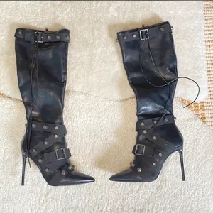 Steve Madden Fink Black Faux Leather Strappy Studded Knee High Boots thumbnail 2