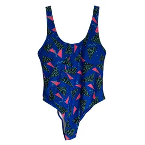 MIAULIA Geometric Print One Piece Swimsuit Royal‎ Blue Pink Teal Women's Size L thumbnail 6