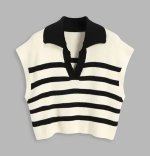 Cider Knit Striped Polo Vest Size XL Sweater Cream Black thumbnail 1