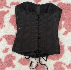 Vintage Y2K Black Corset Top w/ Floral Embroidery & Rhinestones 🖤 Gothic Coquette Bustier Small thumbnail 5