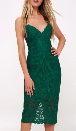Bardot | Gia Forest Green Lace Bodycon Midi Dress, 8/M thumbnail 1
