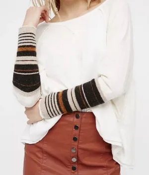 Free People Knit Top Medium‎ Cream Raw Hem Boho Striped Sleeve Relaxed Fit thumbnail 1