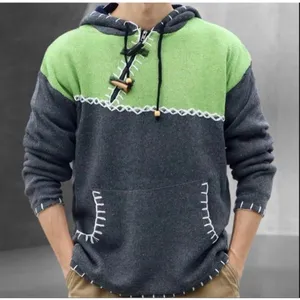 Hooded Sweater Gray Green Color Block Pocket Beads Toggle Button Boho Asymmetric thumbnail 2