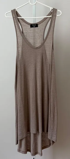 REVIR Linen Relaxed Boho Beachy Slouchy High Low Racerback Tank Dress S/M Taupe thumbnail 1