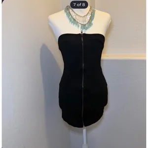 Black Strapless Mini Dress Womens Small Zip Front Bodycon Stretch Tube Dress thumbnail 8