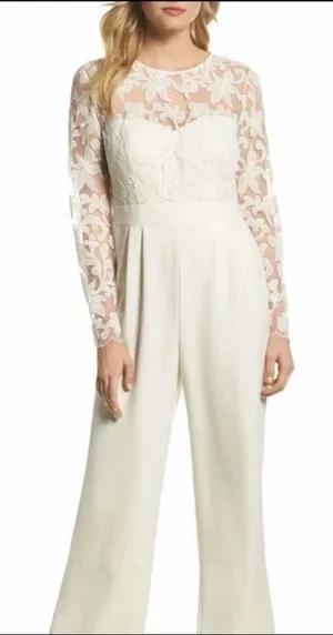 ELIZA J Embroidered Bodice Ivory Wide Leg Jumpsuit Size 12 thumbnail 1