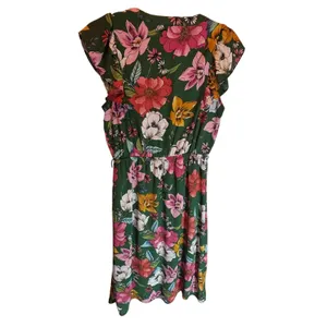 DR2 Daniel Rainn Green Floral Midi Dress Small Ruffle Cap Sleeve V-Neck thumbnail 3