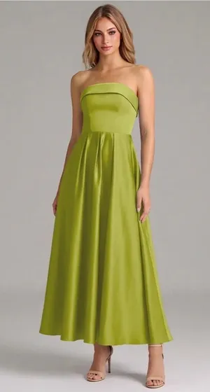 Azazie Dress Bridesmaid Lemongrass A-Line Pleated Stretch Satin Dress thumbnail 1