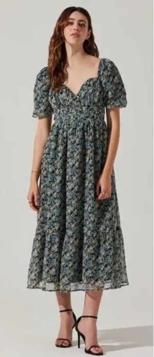 ASTR The Label V-Wire Sweetheart Floral Midi Dress Puff Sleeve Purple Navy thumbnail 1