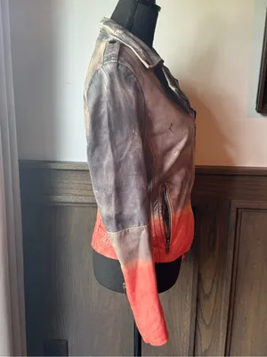 Muubaa Women's Gray-to-Coral Ombre Calf Skin Leather Moto Jacket US 6 thumbnail 6