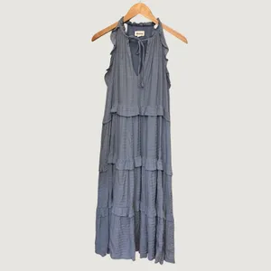 &merci Blue Ruffle Tiered Sleeveless Halter Maxi Dress S Boho Crinkle Flowy thumbnail 2