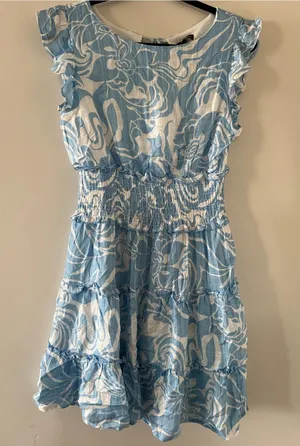 Blue White Swirl Print Smocked Waist Ruffle Mini Dress Small Coastal Vacation thumbnail 1