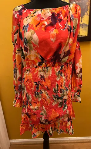 Guess Bright Pink Coral Floral Off Shoulder Smocked Dress Size XL thumbnail 1