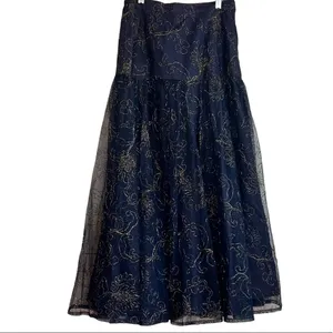 St. Gillian Navy Gold Embroidered Mesh Tiered Midi Skirt Size 6 thumbnail 2