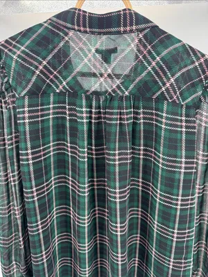 Ann Taylor sheer button front plaid puff sleeve top L professional office casual thumbnail 3
