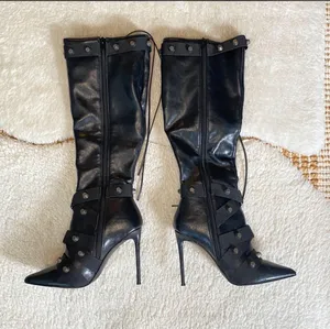 Steve Madden Fink Black Faux Leather Strappy Studded Knee High Boots thumbnail 3