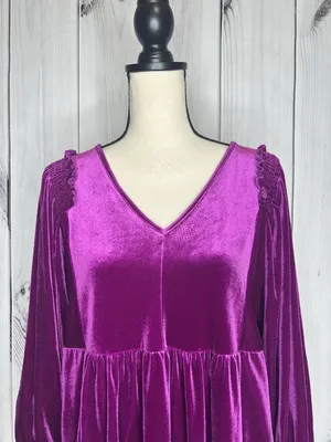 Umgee Women's Velvet Jewel Toned Purple Top Size M Fairy Smocked V-Neck thumbnail 2