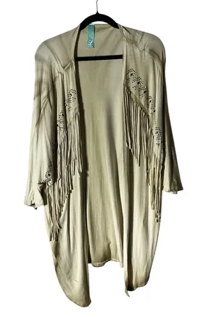 Lawman Western Boho Fringe Cardigan Women XL Khaki Rhinestone Ombre Open Front thumbnail 1