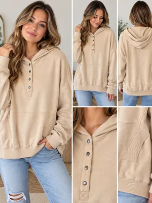 AEMI + CO Beige Oversized Snap Front Hoodie Pullover Small NWT Tan thumbnail 2