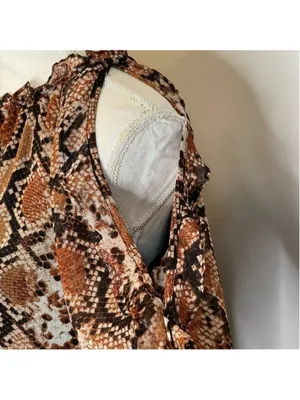 Snake Print Cold Shoulder Ruffle Blouse XS Tie Neck thumbnail 4