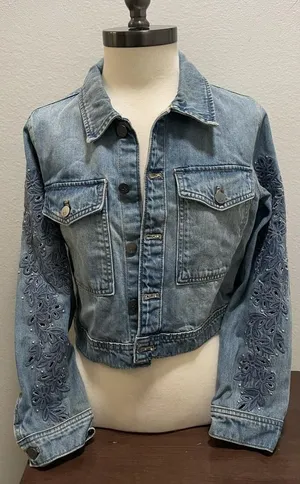 Calvin Klein Floral Embroidered S Cropped Blue Denim Jacket thumbnail 1