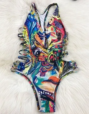 Abstract Plunging Strappy Cheeky Colorful Cutout Bathing Suit thumbnail 1