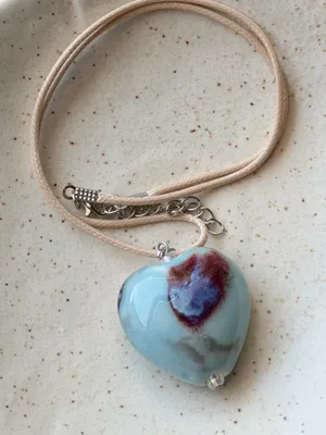Handmade chunky large heart ceramic bead cute fairy boho whimsy necklace🩵 thumbnail 3