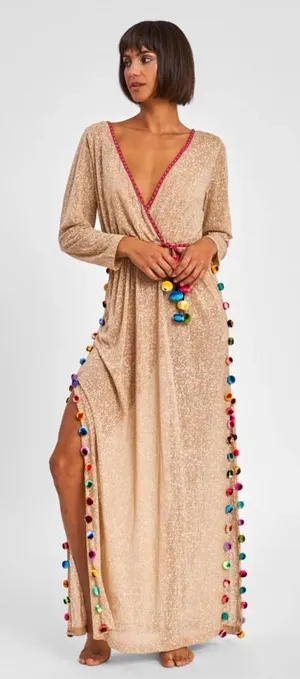 Pitusa Santorini Tan Maxi Dress with Pom Pom Trim petite size thumbnail 1