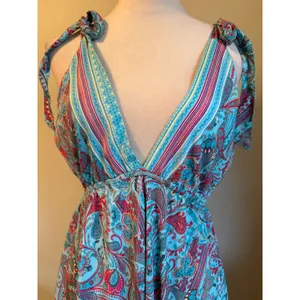 IndiaBoutique Sari Short Dress Coverup Paisley Turquoise Red OneSize boho resort thumbnail 2