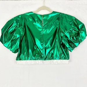 Queen of Sparkles Metallic Iridescent Puff Sleeve Crop Top Medium Green NWOT thumbnail 2