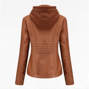 TAGOO Brown Faux Leather Jacket with Removable Hood. thumbnail 3