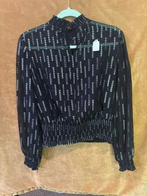 Express black and silver metallic smocked waist top. thumbnail 2
