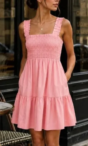 Abercrombie & Fitch Smocked Tiered Mini Dress Coral Pink Ruffle Strap Womens S thumbnail 1