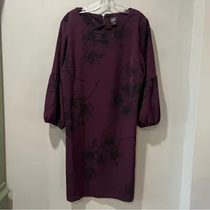 Ann Taylor Factory Purple Shift Dress Size 14 Long Balloon Sleeves Flowers‎ thumbnail 2