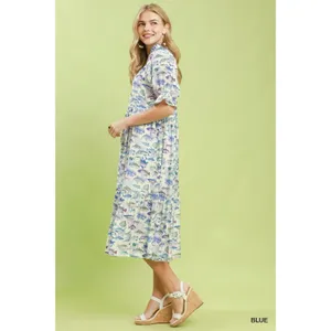 Umgee Print Tiered Midi Dress - Blue - Small thumbnail 2
