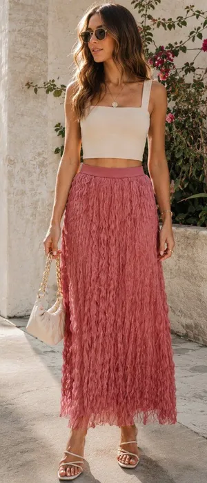 Miss Sparkling Pink Rose Textured Feather Fringe Mesh Maxi Skirt High Waist XL thumbnail 1