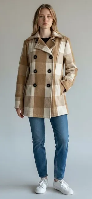 Bob Timberlake Plaid Wool Blend Pea Coat Women's Medium‎ Tan Beige Jacket thumbnail 1