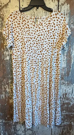 Women’s short sleeve ruffle spotted print dress size small tan and white thumbnail 1