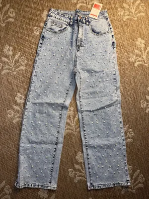 NWT New Collection Light Blue Pearl-Embellished High-Rise Women’s Jeans thumbnail 1