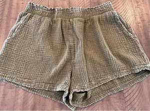Earthbound Olive Green Double Gauze Boho Loungewear Shorts with Pockets L thumbnail 1