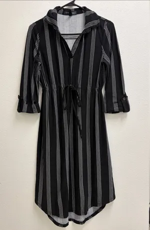 Derek Heart Maternity Black and White Vertical-Stripe Drawstring Dress Small thumbnail 1