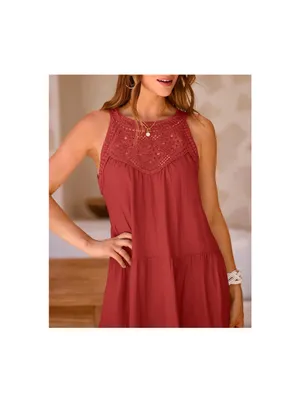 Sleeveless Crochet Yoke Tiered Dress in Rust thumbnail 6