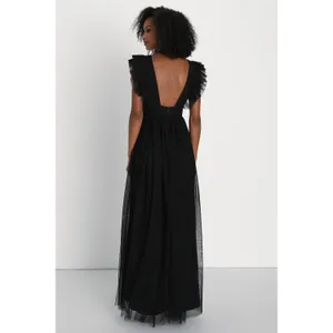 NWT Lulus Simply Delighted Black Mesh Ruffle Backless Maxi Dress Whimsigoth Sz L thumbnail 3