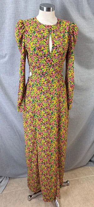 AFRM Yellow Floral Puff Sleeve Open Back Lattice‎ Detail Maxi Dress S thumbnail 1