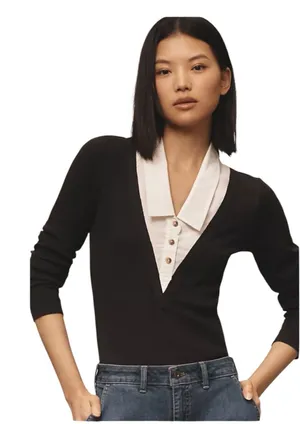Pilcro Black V-Neck Bodysuit with White Faux-Collar XL NWOT thumbnail 1